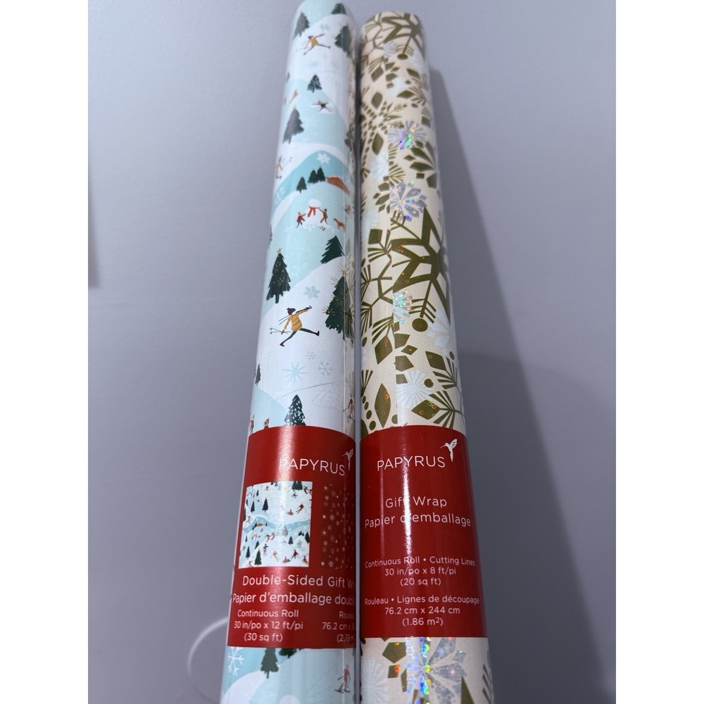2 Papyrus Gift‎ Wrapping Paper Snowflakes Winter Skiing Christmas